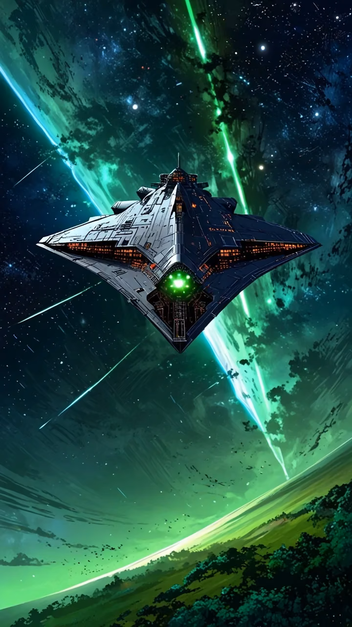 Download Futuristic starship hovers above glowing green alien planet Wallpaper in Mobile HD Futuristic starship hovers above glowing green alien planet - Free Mobile AMOLED Wallpaper Background