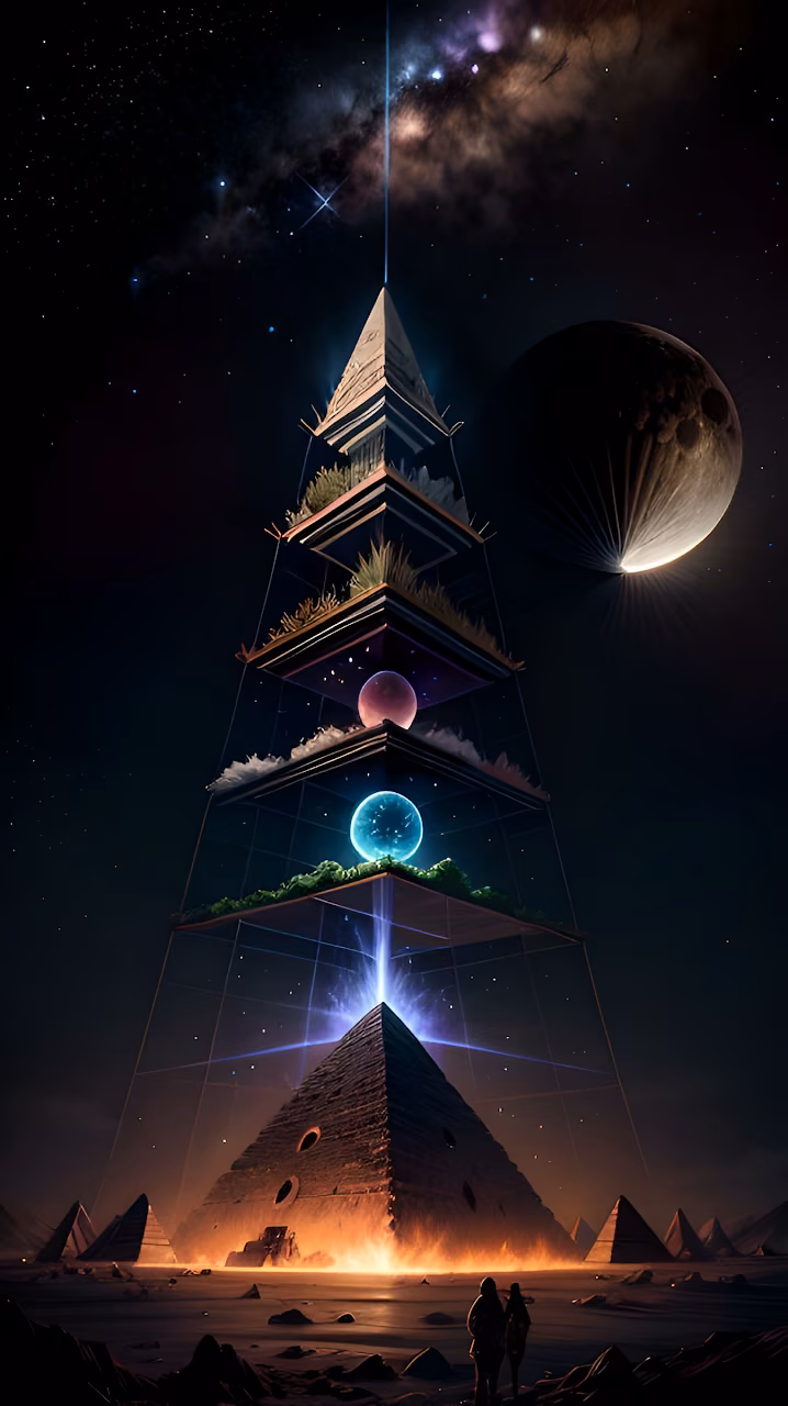 Futuristic Terraced Pyramid Structure Under Cosmic Night Sky - Free Mobile AMOLED Wallpaper Background