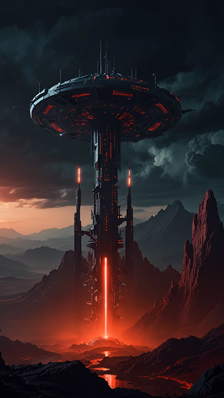 Download Futuristic Tower Emitting Red Beam Over Alien Landscape Wallpaper in Mobile HD Futuristic Tower Emitting Red Beam Over Alien Landscape - Free Mobile AMOLED Wallpaper Background