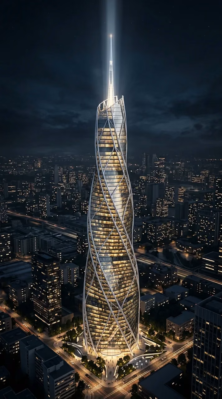 Futuristic Twisted Glass Skyscraper at Night - Free Mobile AMOLED Wallpaper Background