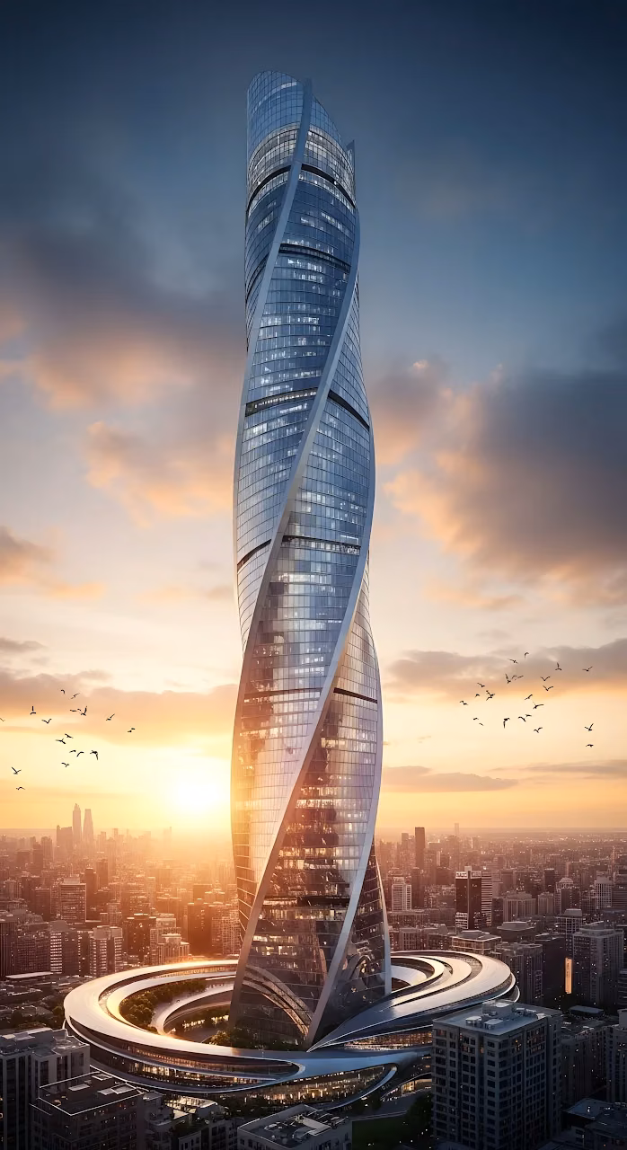 Futuristic Twisting Skyscraper Sunset Cityscape View - Free Mobile AMOLED Wallpaper Background