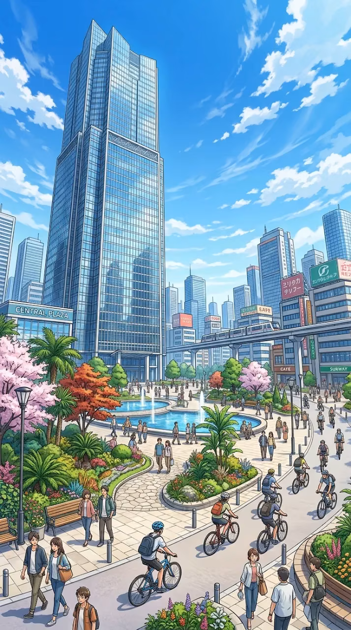 Download Futuristic Urban Plaza with Anime Style Architecture and Gardens Wallpaper in Mobile HD Futuristic Urban Plaza with Anime Style Architecture and Gardens - Free Mobile AMOLED Wallpaper Background