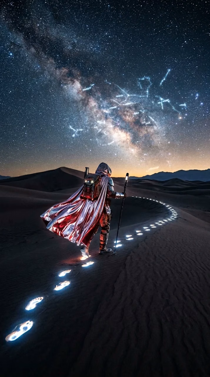 Futuristic Wanderer in Metallic Cloak Traversing Starry Desert - Free Mobile AMOLED Wallpaper Background