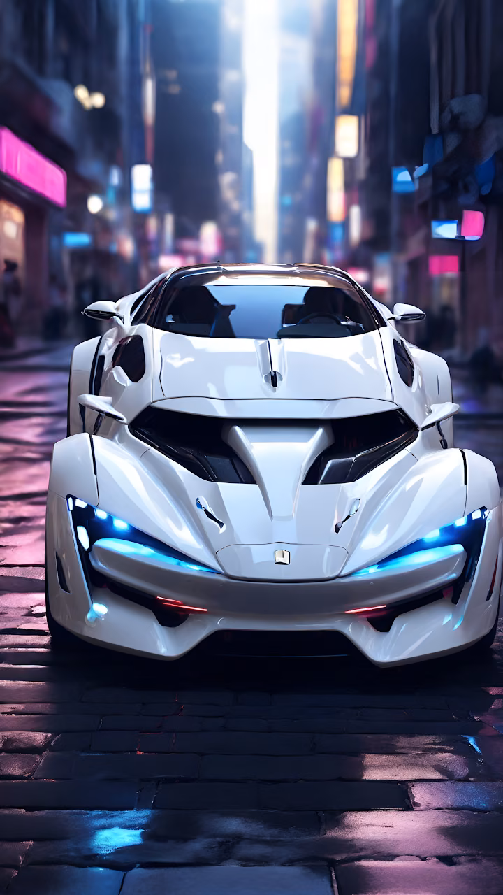 Futuristic White Hypercar in Neon Cyberpunk City Alley - Free Mobile AMOLED Wallpaper Background