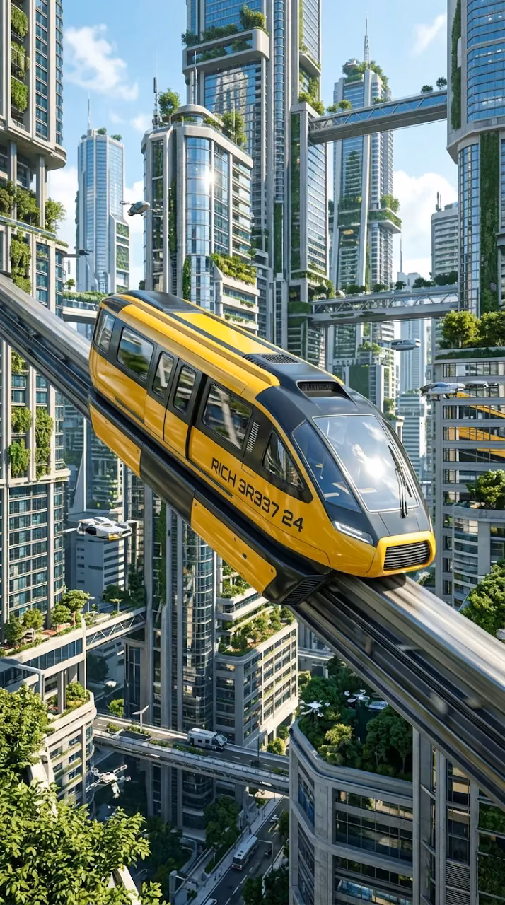 Download Futuristic Yellow Monorail Train in Sci-Fi City Wallpaper in Mobile HD Futuristic Yellow Monorail Train in Sci-Fi City - Free Mobile AMOLED Wallpaper Background