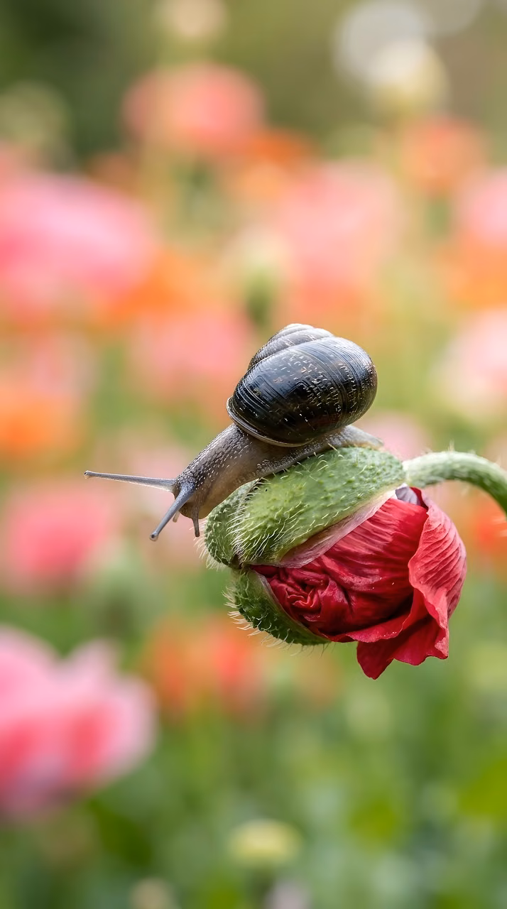 Garden Snail Resting on a Poppy Flower Bud - Free Mobile AMOLED Wallpaper Background