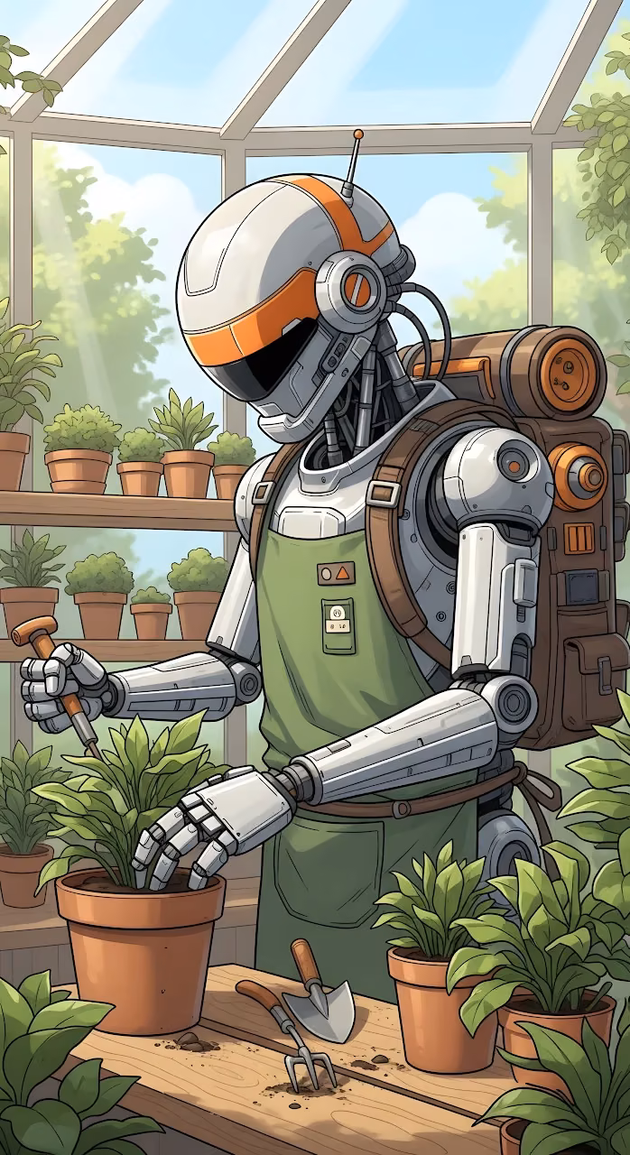 Gardening Robot Greenhouse Futurism Illustration - Free Mobile AMOLED Wallpaper Background