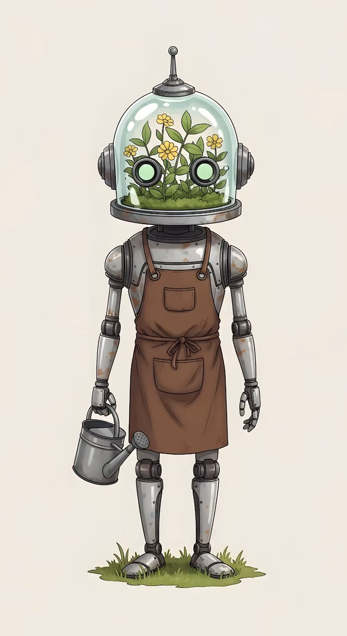 Download Gardening Robot with Terrarium Head and Apron Wallpaper in Mobile HD Gardening Robot with Terrarium Head and Apron - Free Mobile AMOLED Wallpaper Background