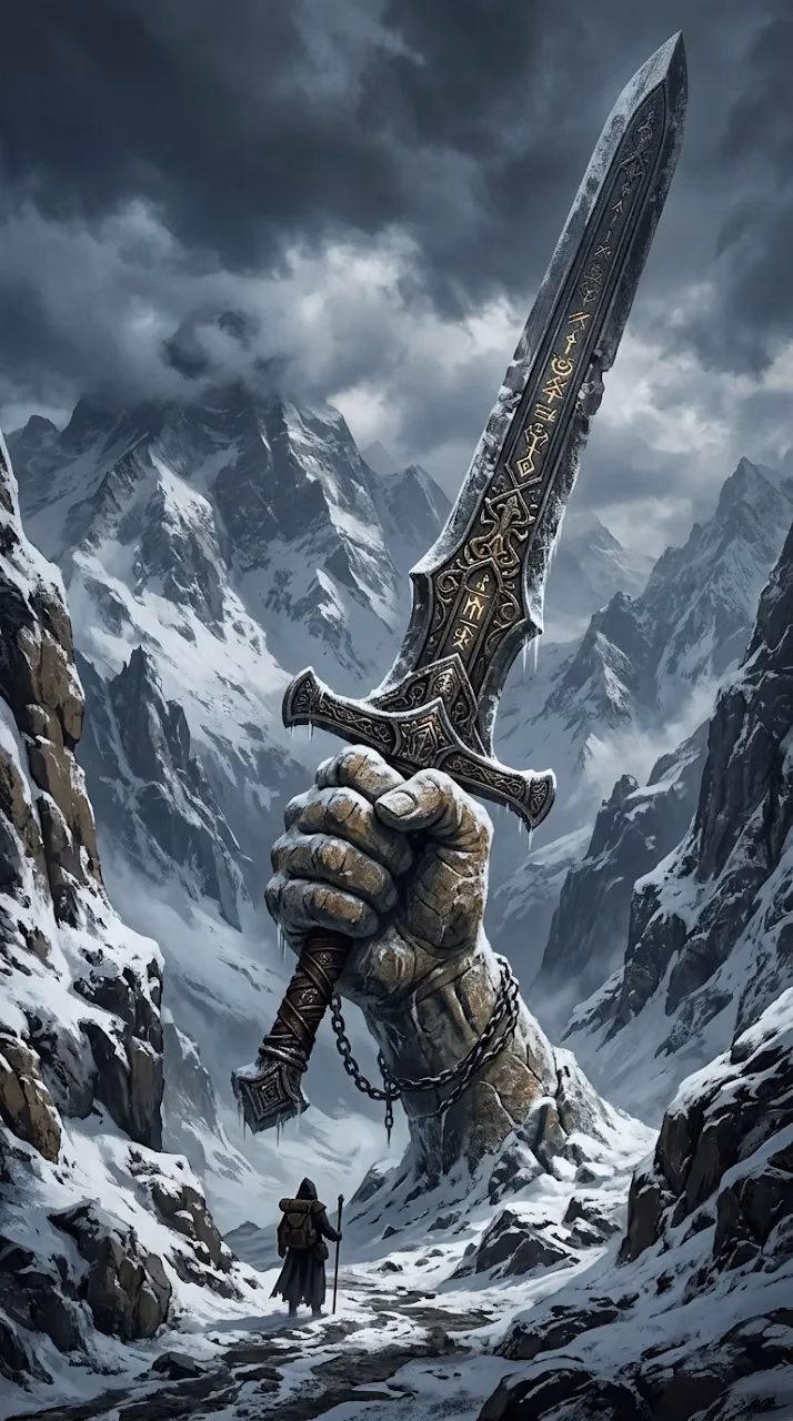 Download Gargantuan Sword Held by Stone Hand in Snowy Mountain Pass Wallpaper in Mobile HD Gargantuan Sword Held by Stone Hand in Snowy Mountain Pass - Free Mobile AMOLED Wallpaper Background