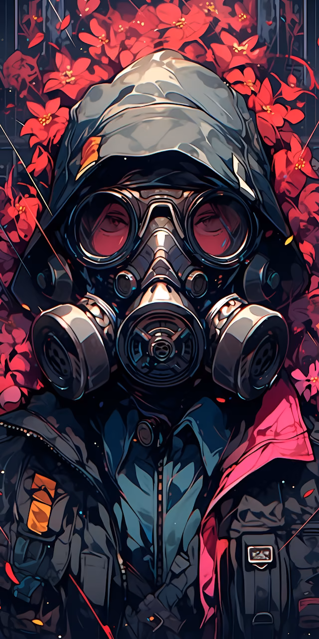 Download Gas Mask Portrait Red Flowers Dystopian Graphic Novel Wallpaper in Mobile HD Gas Mask Portrait Red Flowers Dystopian Graphic Novel - Free Mobile AMOLED Wallpaper Background