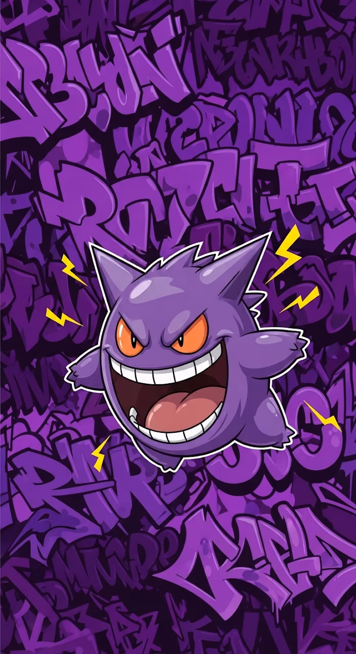 Gengar Character with Purple Graffiti Background - Free Mobile AMOLED Wallpaper Background