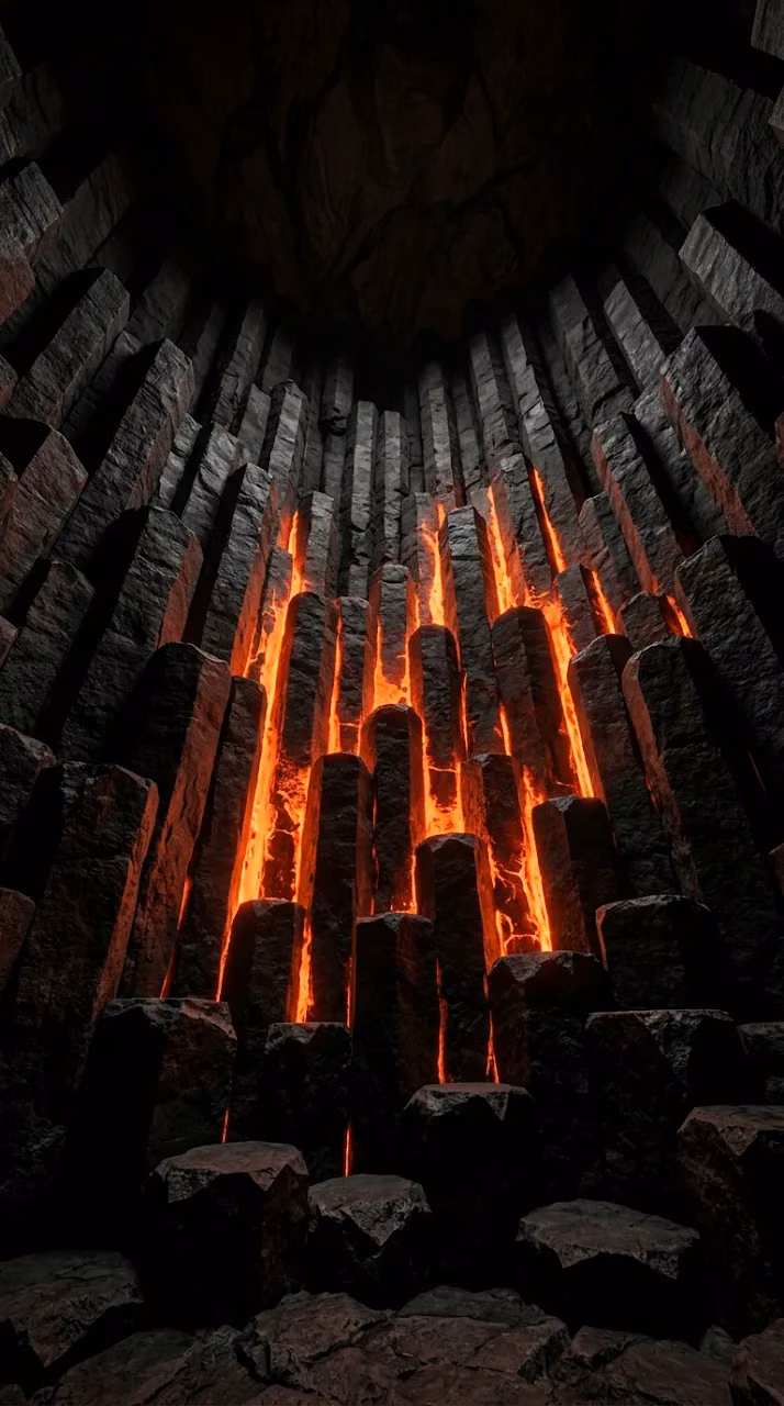 Geometric Basalt Columns with Internal Magma Glow - Free Mobile AMOLED Wallpaper Background