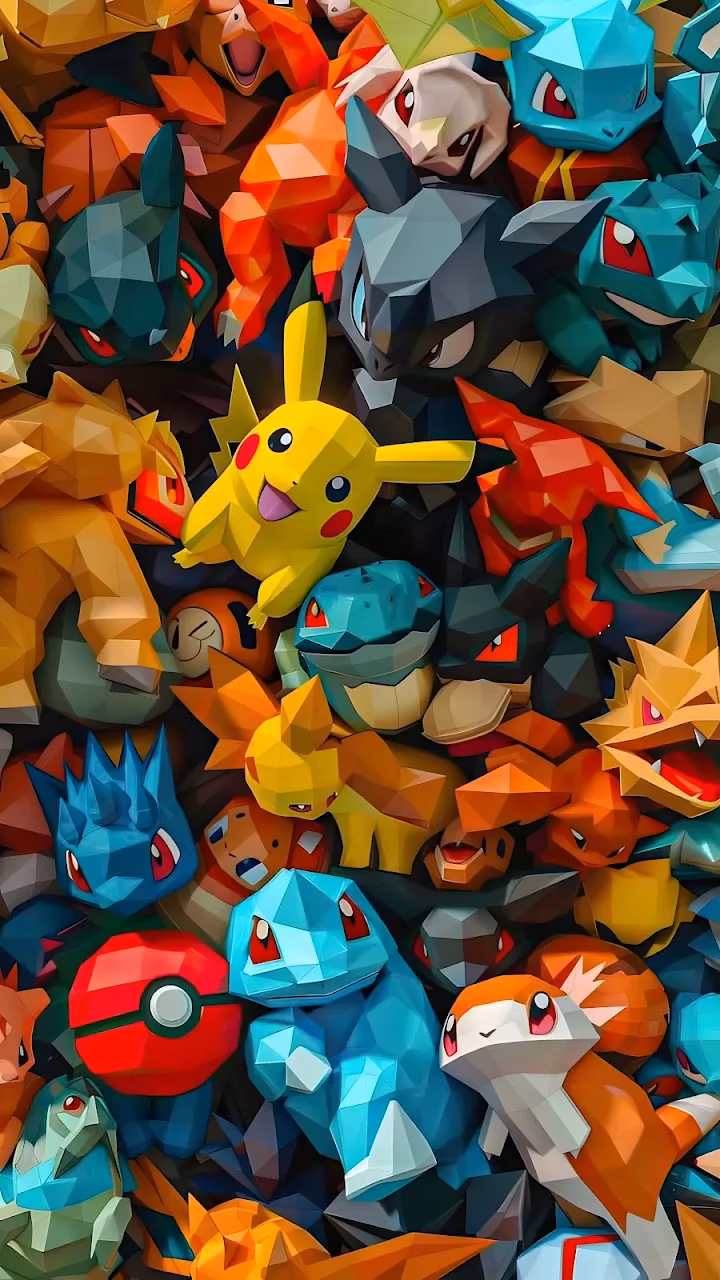 Geometric Low-Poly Pokemon Character Pile - Free Mobile AMOLED Wallpaper Background