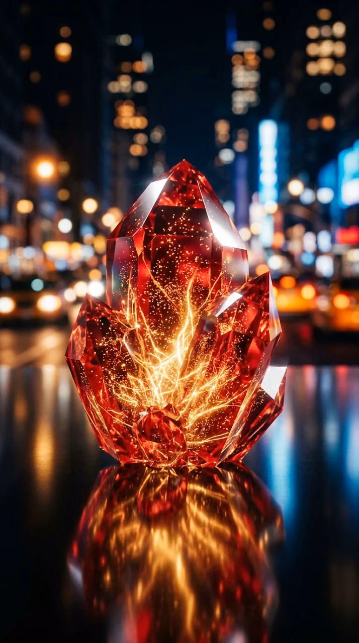 Geometric Red Crystal with Internal Light and Bokeh Background - Free Mobile AMOLED Wallpaper Background