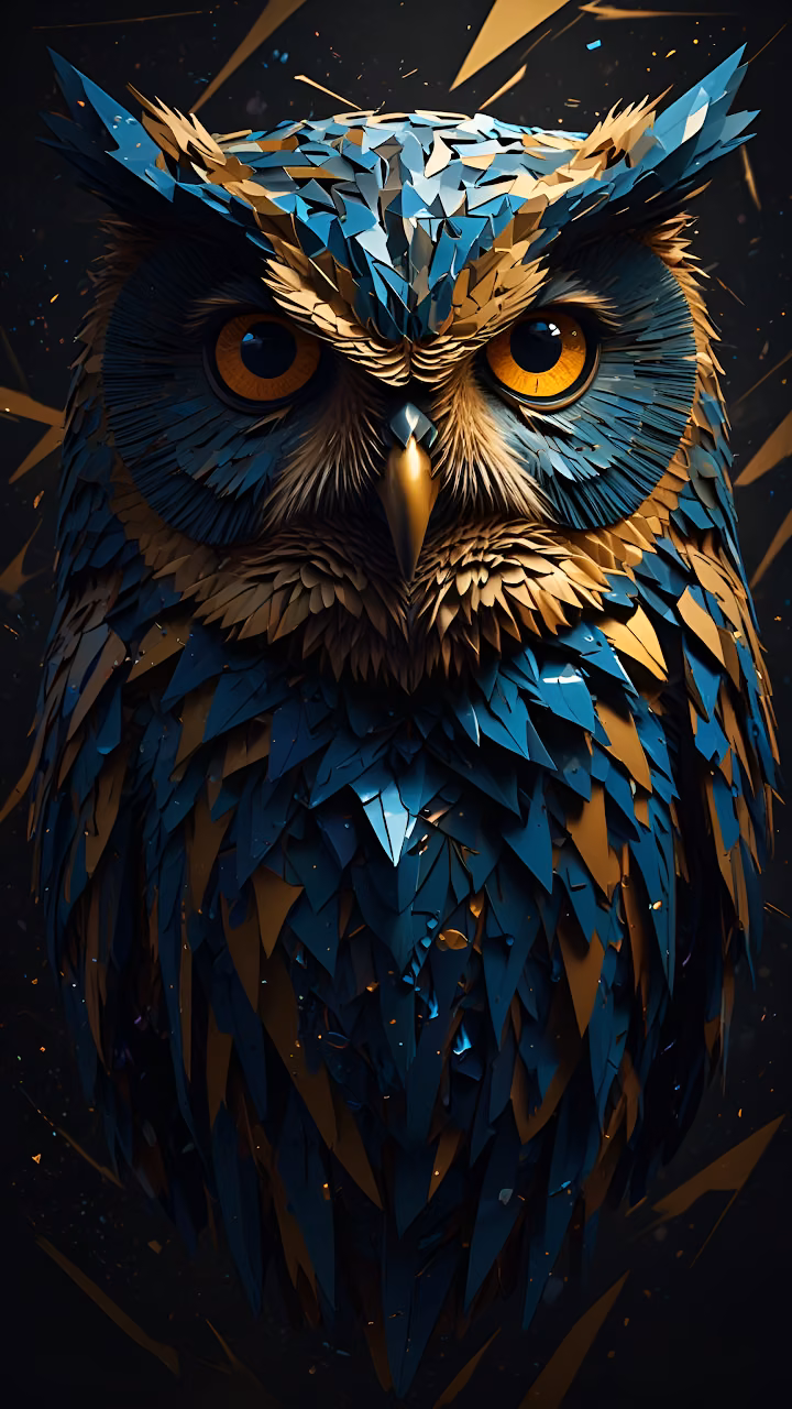 Geometric Shard Owl Portrait Blue and Gold Art - Free Mobile AMOLED Wallpaper Background