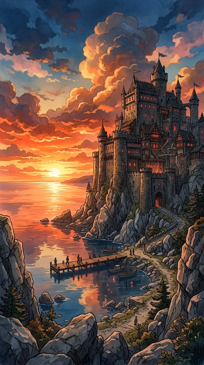 Ghibli-Style Anime Illustration of a Stone Fortress at Sunset by a Lake - Free Mobile AMOLED Wallpaper Background