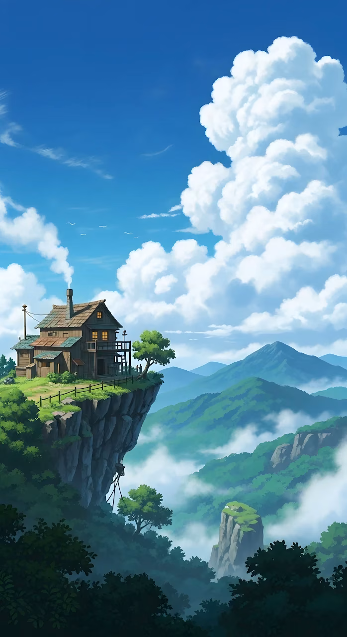Ghibli Style Cabin on Cliff Over Misty Green Mountains - Free Mobile AMOLED Wallpaper Background