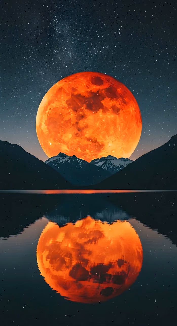 Giant Blood Moon Reflected in Dark Alpine Lake - Free Mobile AMOLED Wallpaper Background