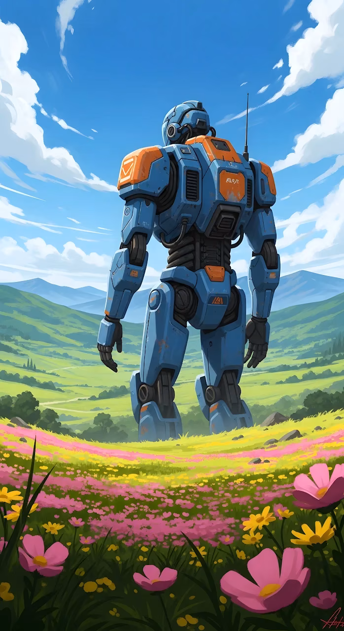 Giant Blue Mech Robot Standing in Vibrant Flower Field Landscape - Free Mobile AMOLED Wallpaper Background