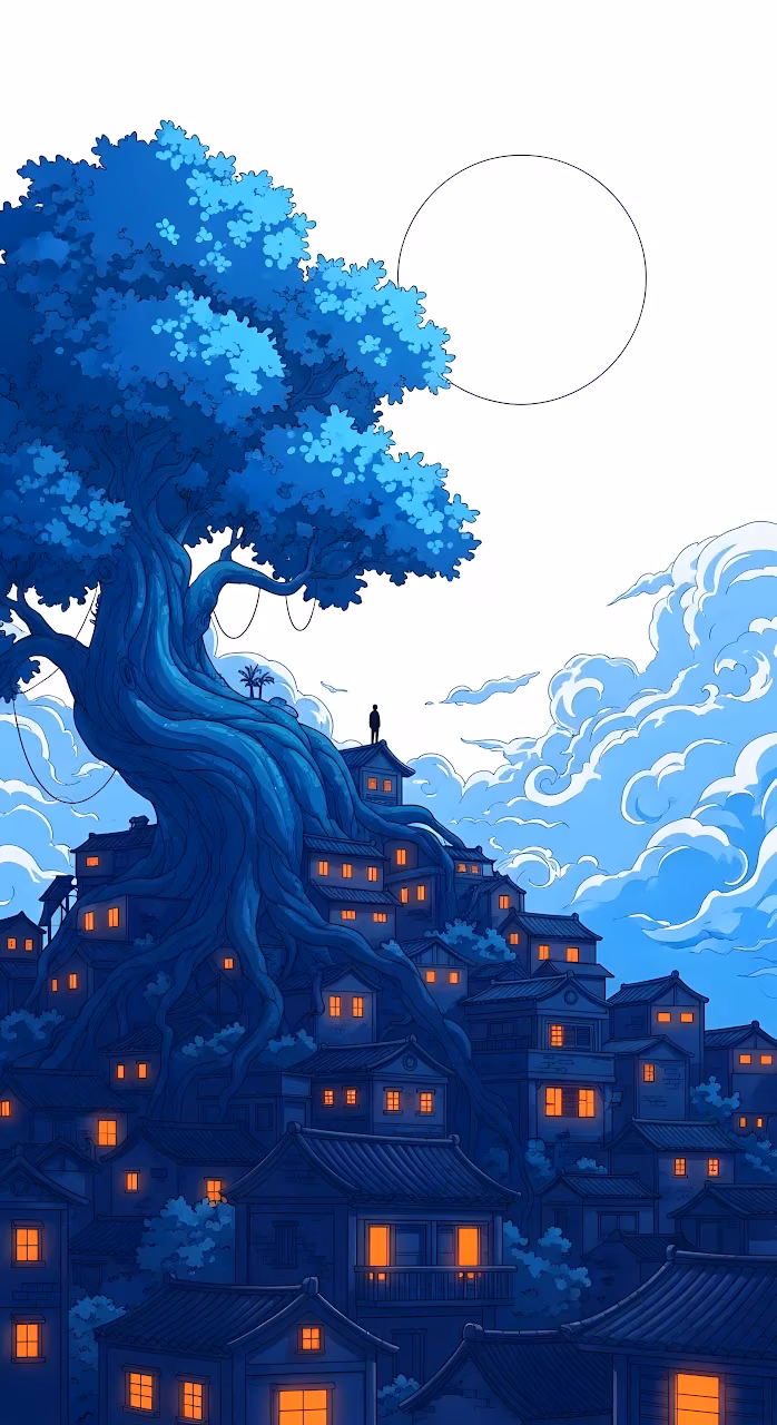 Giant Blue Tree Overlooking a Hillside Village at Dusk - Free Mobile AMOLED Wallpaper Background