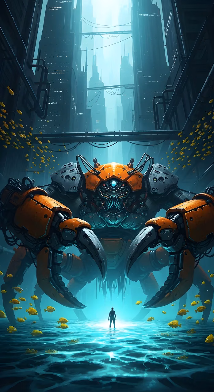 Giant Crab Mech Monster Dystopian Flooded Cyberpunk City - Free Mobile AMOLED Wallpaper Background
