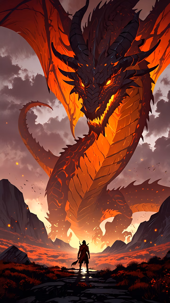 Giant fire dragon looms over lone warrior in volcanic valley - Free Mobile AMOLED Wallpaper Background