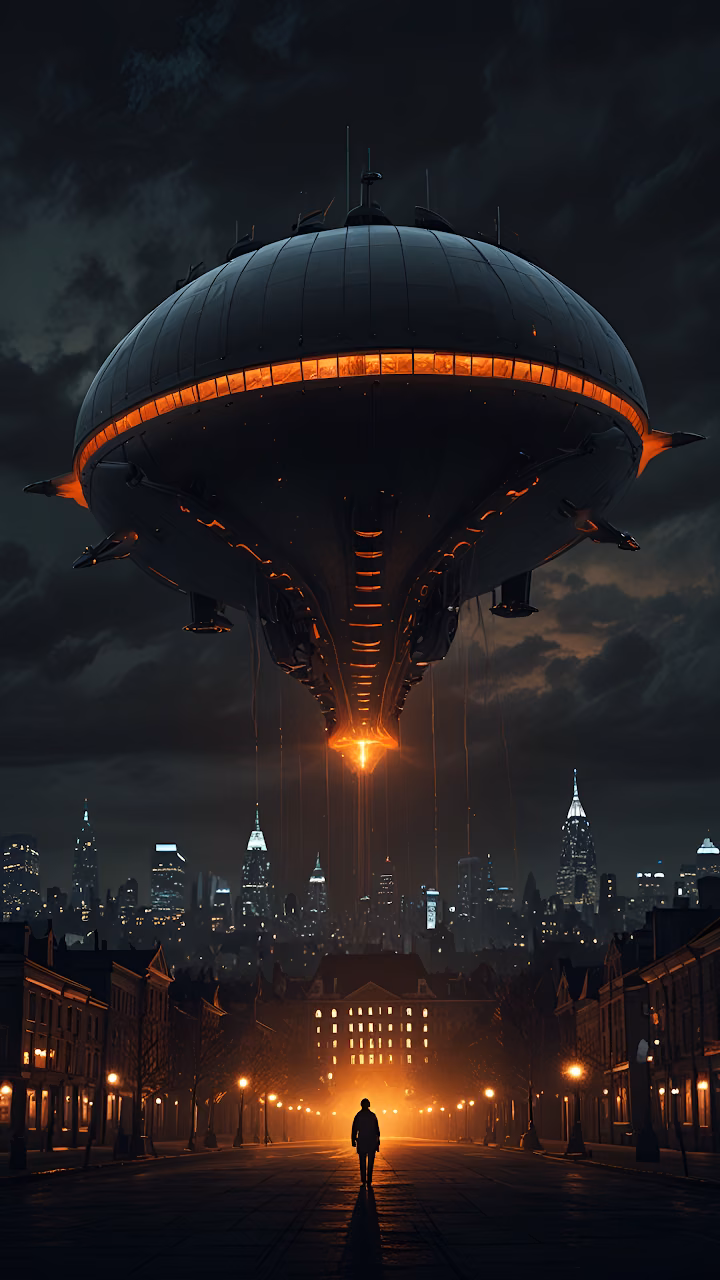 Download Giant Flying Saucer Hovering Over City at Night with Lone Figure Wallpaper in Mobile HD Giant Flying Saucer Hovering Over City at Night with Lone Figure - Free Mobile AMOLED Wallpaper Background
