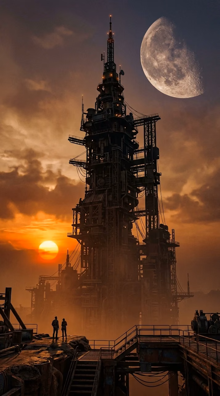 Download Giant Industrial Sci-Fi Tower With Explorers At Sunset Wallpaper in Mobile HD Giant Industrial Sci-Fi Tower With Explorers At Sunset - Free Mobile AMOLED Wallpaper Background