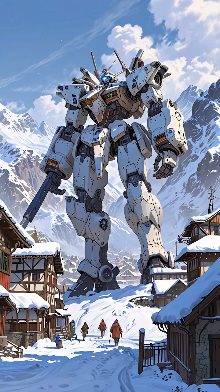 Giant Mech Towering Over Snowy Alpine Village - Free Mobile AMOLED Wallpaper Background