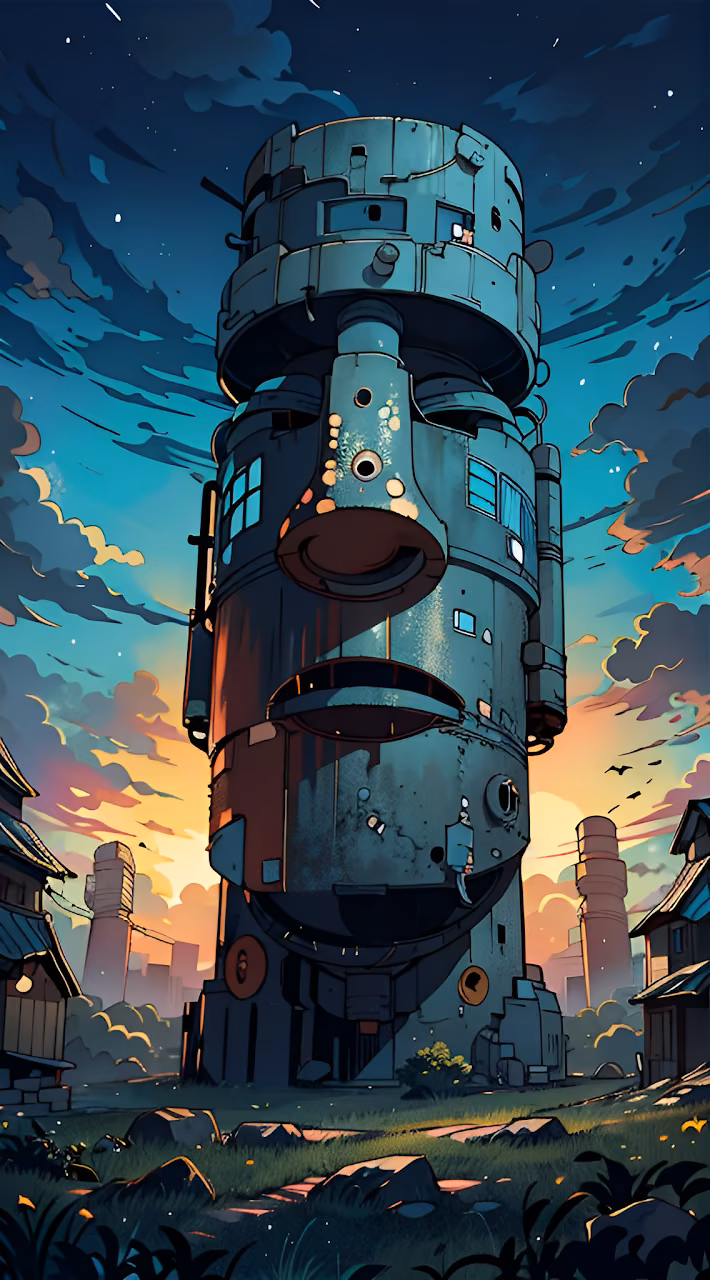 Giant Mecha Head Tower in Retrofuturistic Japanese Village - Free Mobile AMOLED Wallpaper Background