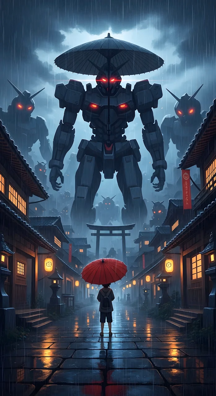 Download Giant Mecha Robots Invade Rainy Japanese Street Scene Wallpaper in Mobile HD Giant Mecha Robots Invade Rainy Japanese Street Scene - Free Mobile AMOLED Wallpaper Background