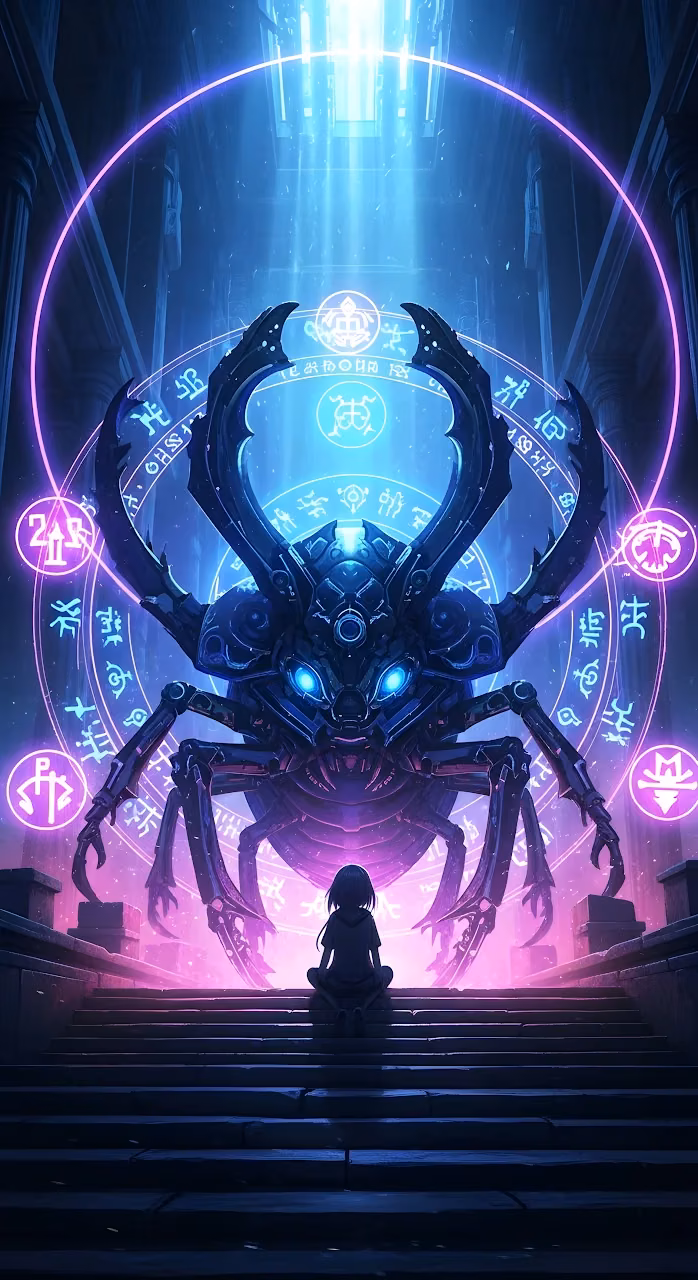 Download Giant Mechanical Beetle Guardian with Neon Magic Runes Wallpaper in Mobile HD Giant Mechanical Beetle Guardian with Neon Magic Runes - Free Mobile AMOLED Wallpaper Background