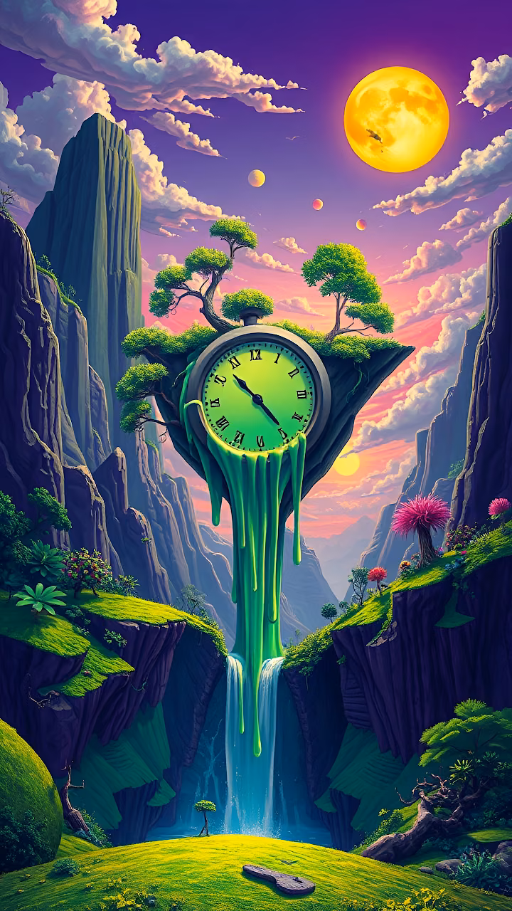 Giant melting clock drips green goo over waterfall in fantasy valley - Free Mobile AMOLED Wallpaper Background