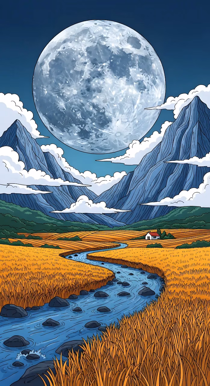 Giant Moon Golden Field Winding River Landscape Illustration - Free Mobile AMOLED Wallpaper Background