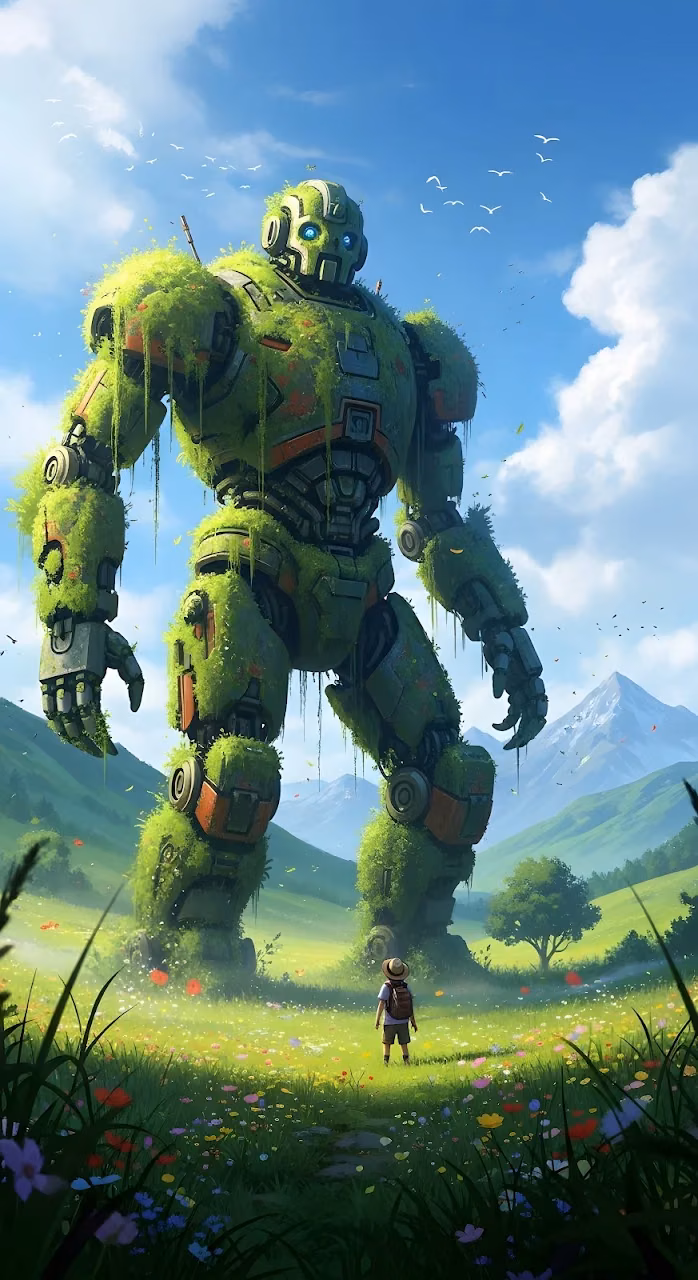 Giant Moss Covered Robot in Lush Green Flower Field - Free Mobile AMOLED Wallpaper Background