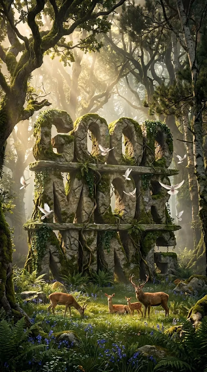 Giant Mossy Stone Letters Spelling Good Morning in Deer Forest - Free Mobile AMOLED Wallpaper Background