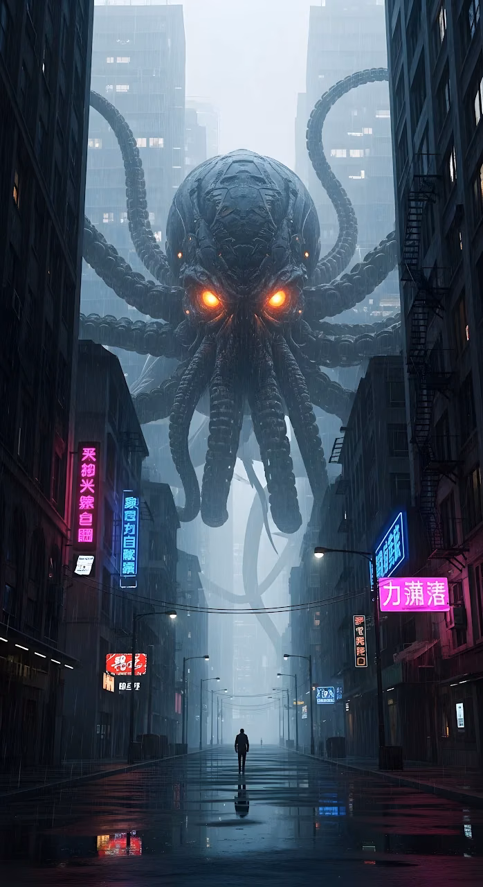 Download Giant Octopus Monster in Rainy Cyberpunk City Street Wallpaper in Mobile HD Giant Octopus Monster in Rainy Cyberpunk City Street - Free Mobile AMOLED Wallpaper Background