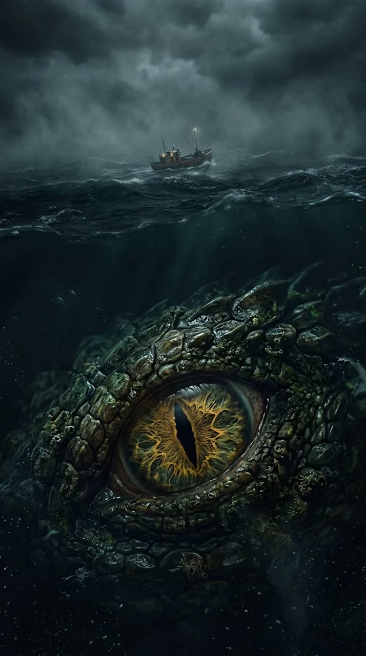 Download Giant Reptilian Eye Watching a Small Ship in a Dark Sea Wallpaper in Mobile HD Giant Reptilian Eye Watching a Small Ship in a Dark Sea - Free Mobile AMOLED Wallpaper Background