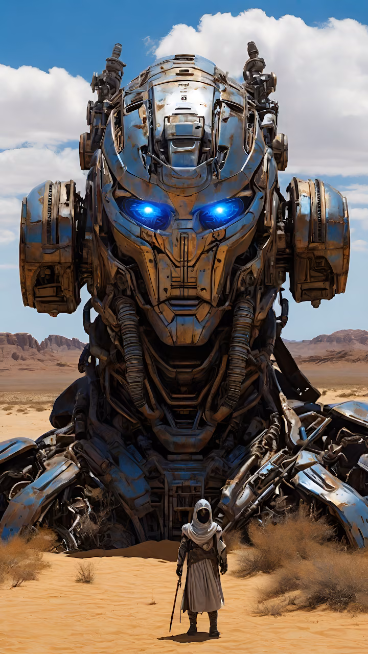 Download Giant Robot with Blue Eyes in Desert with Lone Figure Wallpaper in Mobile HD Giant Robot with Blue Eyes in Desert with Lone Figure - Free Mobile AMOLED Wallpaper Background