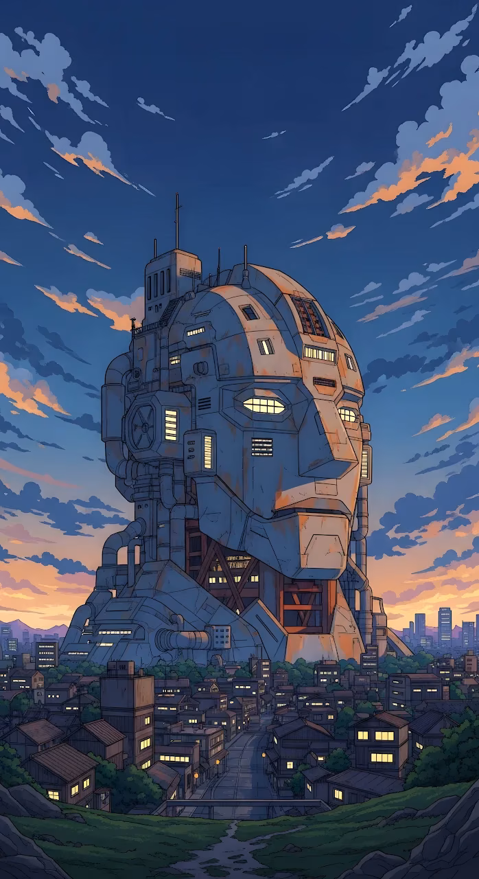 Download Giant Robot Head Structure Over Traditional Town Sunset Wallpaper in Mobile HD Giant Robot Head Structure Over Traditional Town Sunset - Free Mobile AMOLED Wallpaper Background