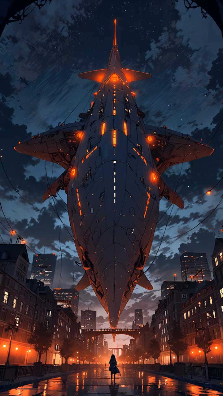 Download Giant Spaceship Hovering Over Rainy City Street Wallpaper in Mobile HD Giant Spaceship Hovering Over Rainy City Street - Free Mobile AMOLED Wallpaper Background