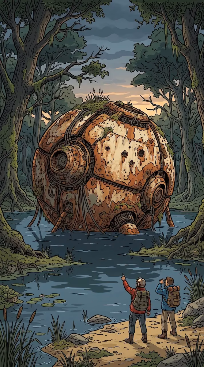 Download Giant Spherical Rusty Mech Robot In A Marsh With Explorers Wallpaper in Mobile HD Giant Spherical Rusty Mech Robot In A Marsh With Explorers - Free Mobile AMOLED Wallpaper Background