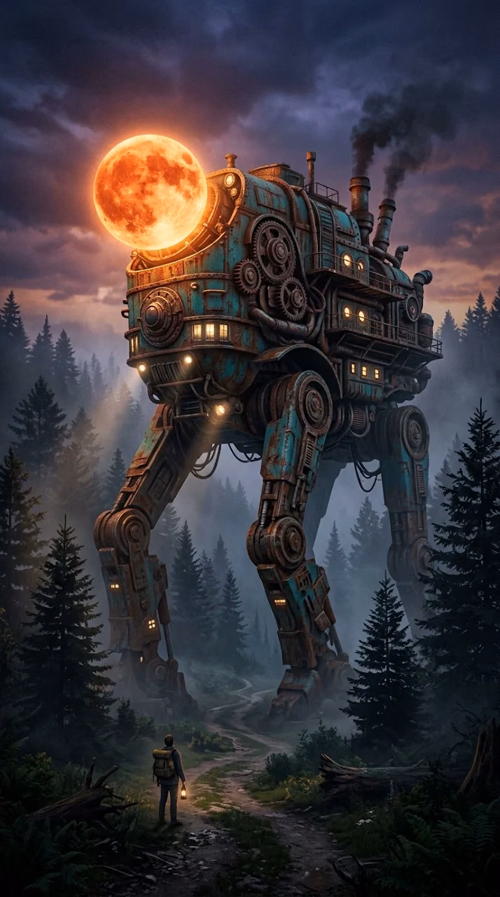 Download Giant Steampunk Robot with Moon Head in Forest Landscape Wallpaper in Mobile HD Giant Steampunk Robot with Moon Head in Forest Landscape - Free Mobile AMOLED Wallpaper Background
