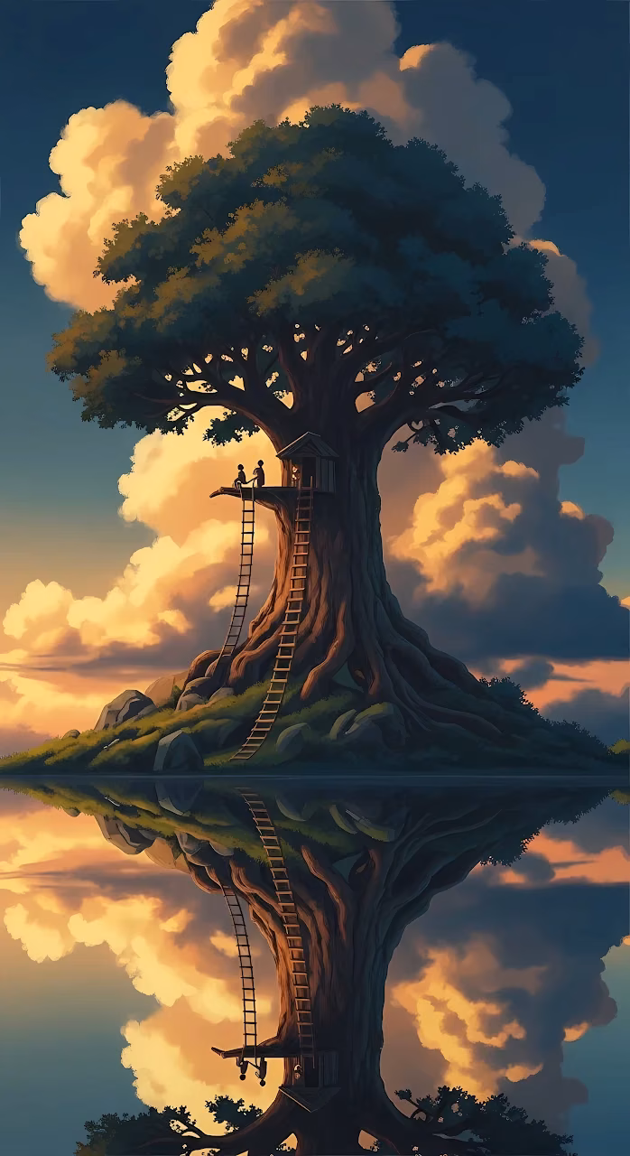 Giant Treehouse Reflected in Water at Golden Sunset - Free Mobile AMOLED Wallpaper Background