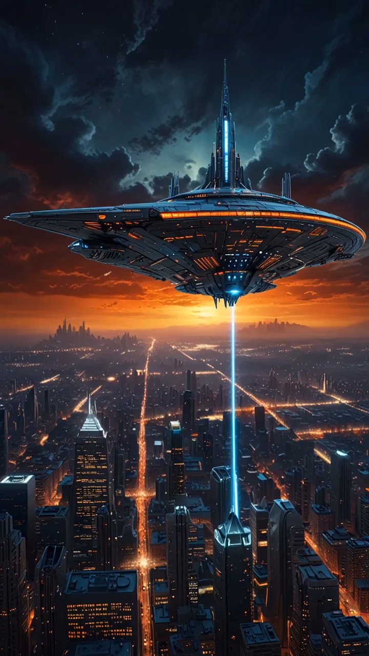 Giant UFO hovers over city at sunset with blue energy beam - Free Mobile AMOLED Wallpaper Background