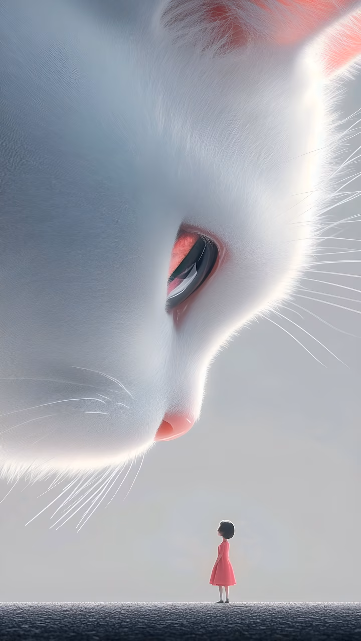 Giant White Cat Staring Tiny Girl Surreal Fantasy Scene - Free Mobile AMOLED Wallpaper Background