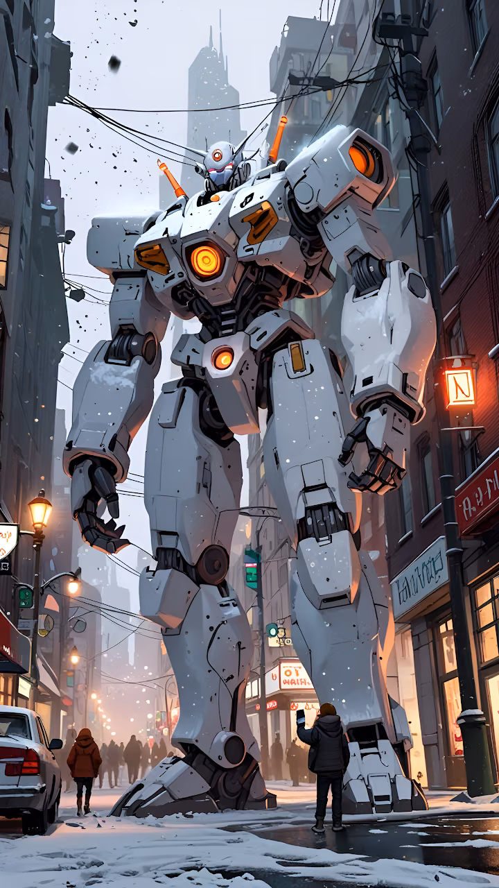 Giant White Robot Towering Over Snowy City Street - Free Mobile AMOLED Wallpaper Background