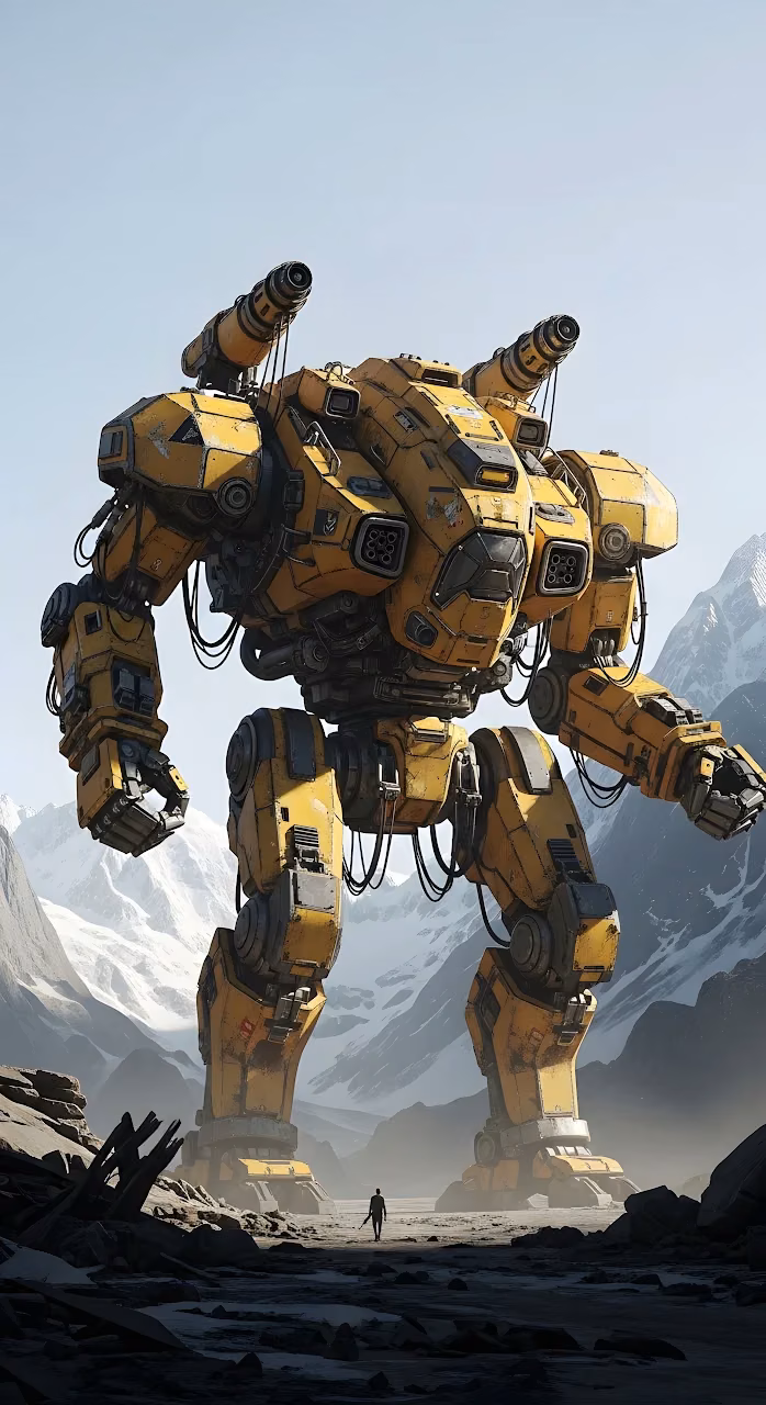 Download Giant Yellow Combat Mech Snowy Mountain Landscape Wallpaper in Mobile HD Giant Yellow Combat Mech Snowy Mountain Landscape - Free Mobile AMOLED Wallpaper Background