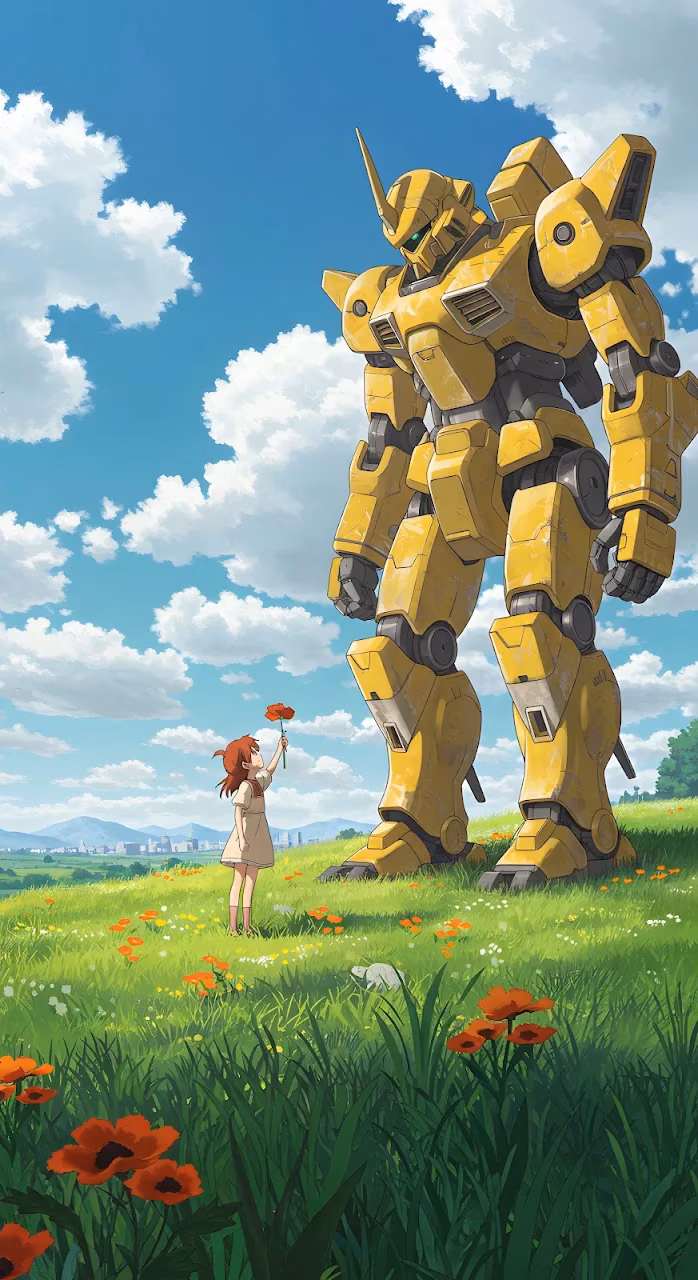 Download Giant Yellow Mecha and Girl Offering a Flower in Meadow Wallpaper in Mobile HD Giant Yellow Mecha and Girl Offering a Flower in Meadow - Free Mobile AMOLED Wallpaper Background