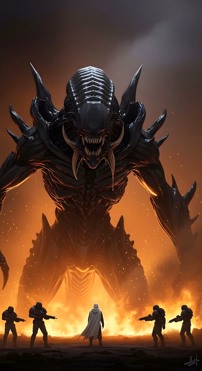 Gigantic Alien Monster Confrontation Sci Fi Battle Scene - Free Mobile AMOLED Wallpaper Background
